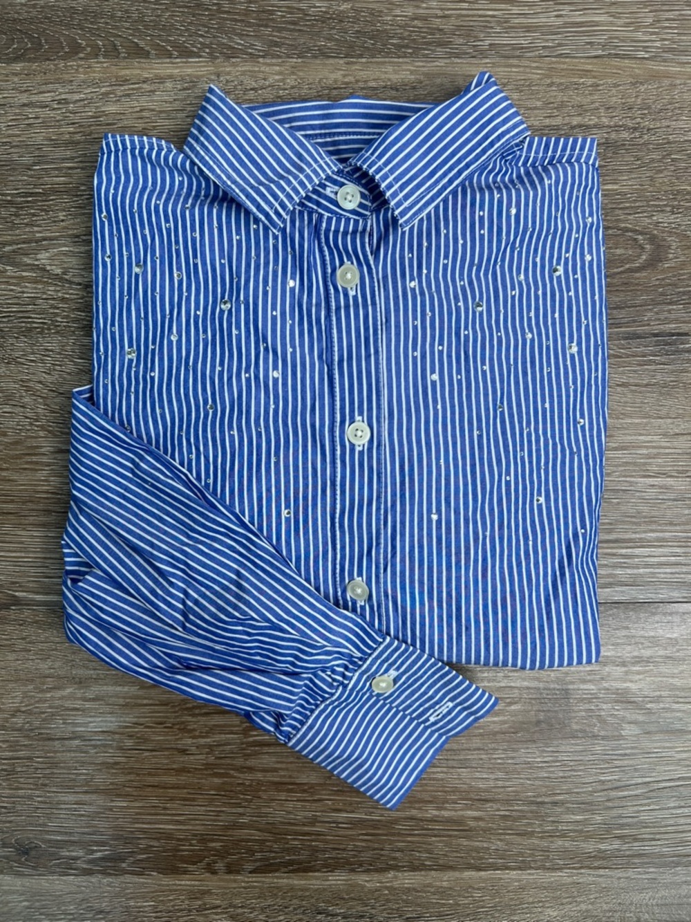 LOFT Blue & White Striped Button Down Shirt Embellished Cotton Collared Top  XS